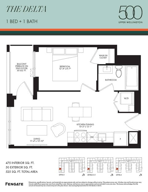 Floor plan for 1 bed, 1 bath, 475 sqft